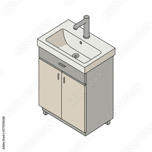 Isometric Minimalist Bathroom Vanity Sink Cabinet Interior Design Illustration