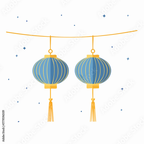 Two decorative blue and gold Chinese lanterns with tassels hanging from a string on a white background with stars.