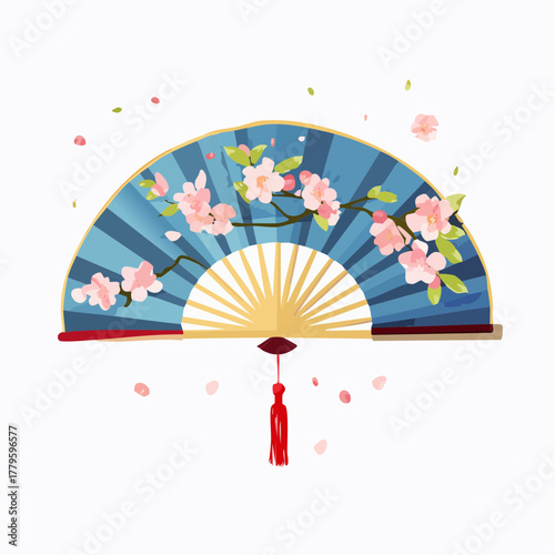 A delicate blue fan adorned with blooming pink cherry blossoms and falling petals, featuring a red tassel and a golden accent.