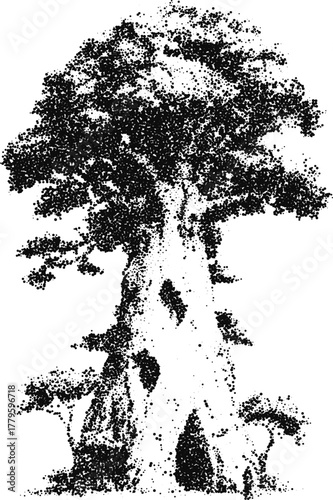 Stipple Baobab Tree African Nature Silhouette Vector Illustration with Wide Canopy and Thick Trunk
