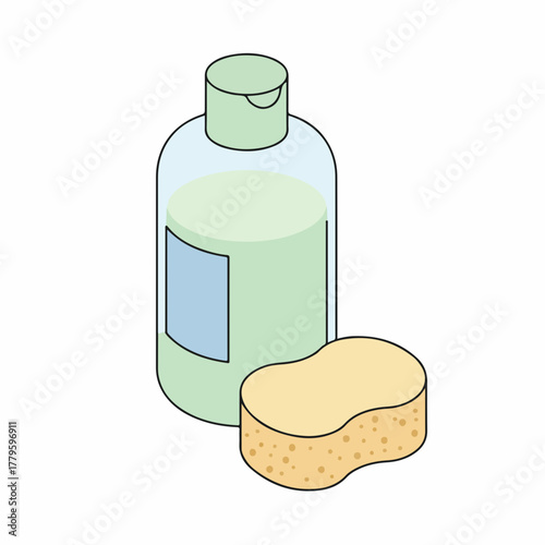 Isometric Illustration of Bottle and Sponge for Cleaning Purposes