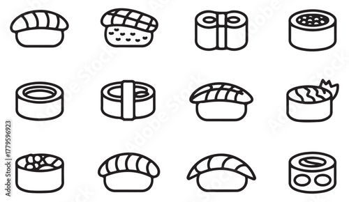 Minimalist sushi icon pack — Japanese nigiri, maki, and sashimi vector illustrations in modern line art style for food branding and web use