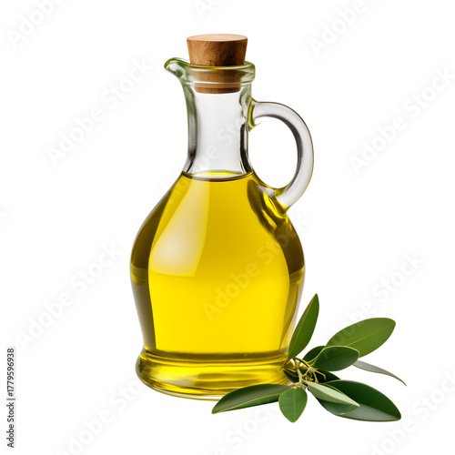 Clear glass bottle filled with golden olive oil and leaves