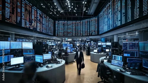 Busy stock market trading floor full of screens, showing finance, investment, data and fast activity inside modern global business.