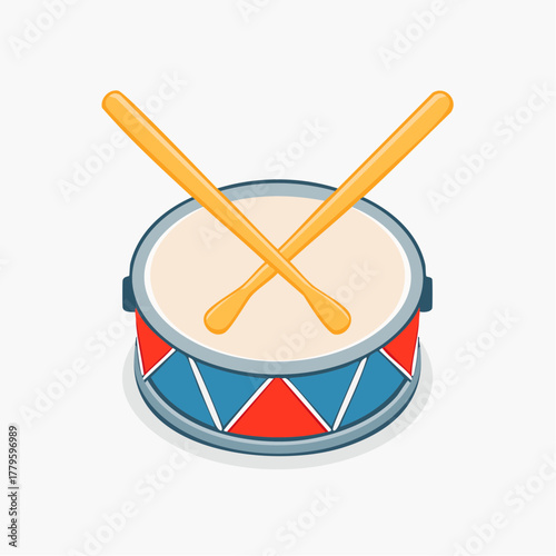 Illustration of a red, white and blue toy drum with two crossed yellow drumsticks on a white background.