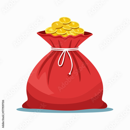 A vibrant red drawstring bag overflowing with a generous pile of shiny golden coins, symbolizing wealth and fortune.