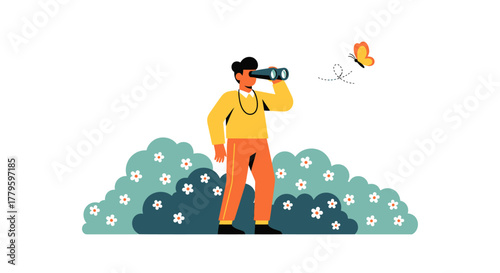 Man observing nature with binoculars in a serene environment.