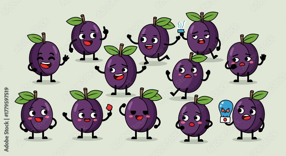 Obraz premium Cartoon Plum Character Set Cheerful Fruit Icons for Design Projects