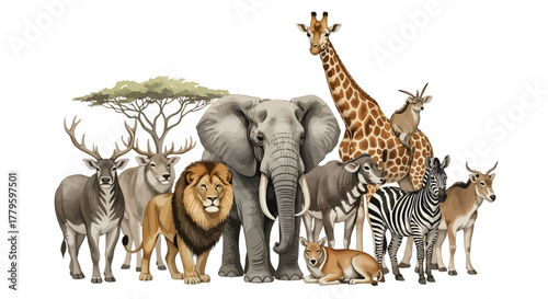 A diverse group of wild animals from the African savanna and beyond, a realistic fauna illustration from the whisk_jc0wh0_via_RJ_Whisk_Auto.ai collection