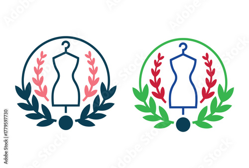 Fashion design emblems featuring a mannequin surrounded by laurel wreaths in two color variations.