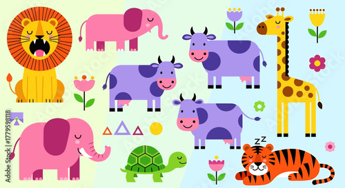Colorful illustration featuring a variety of animals, including a lion, elephants, cows, giraffe, turtle, and tiger.