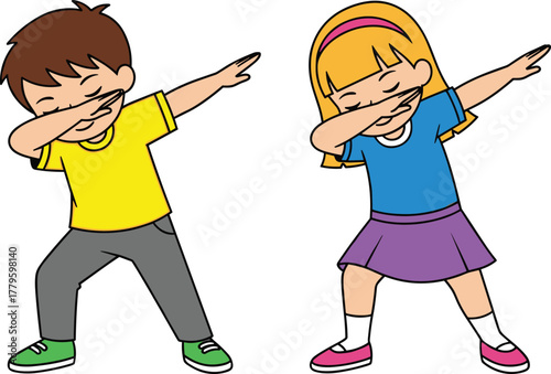Cartoon children doing dab dance pose, trendy cultural celebration move, playful kids character design, modern gesture artwork, cad drawing flat vector illustration