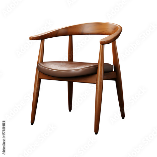 A wooden chair with a brown cushion against black backdrop