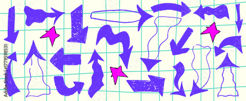 Bold crayon arrow y2k set in playful scrapbook style. Textured y2k arrows with hand-drawn charm, perfect for creative scrapbook projects.