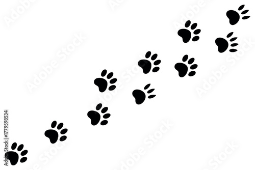 A trail of paw prints follows a diagonal path across a white background.