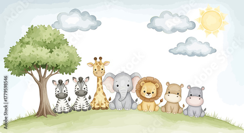 Adorable group of baby safari animals sitting together on a grassy hill in a watercolor illustration.