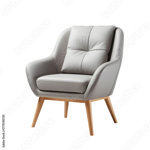A gray armchair with wooden legs against a black backdrop