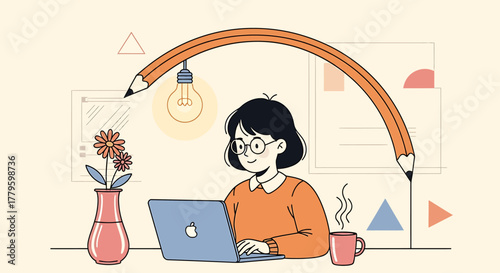 Illustration of a woman working on a laptop under a pencil arch with a lightbulb, flowers, and coffee.