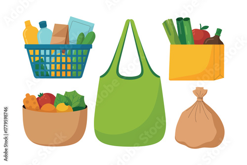A collection of grocery shopping bags and containers filled with food items.