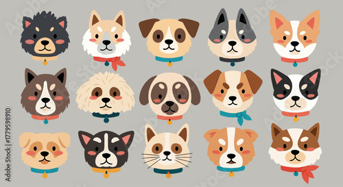 A diverse collection of cute cartoon dog faces, showcasing various breeds and expressions in a flat vector style.