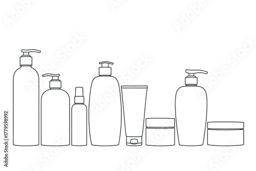 A collection of various bottles and containers for personal care products.