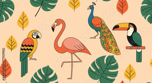 Colorful illustration featuring a parrot, flamingo, peacock, and toucan amidst foliage.