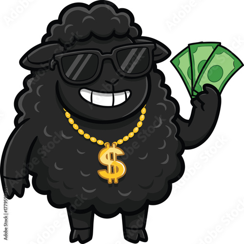 Cartoon cool black sheep illustration, funny animal character with sunglasses, money and gold chain, humorous artwork, cad drawing flat vector illustration
