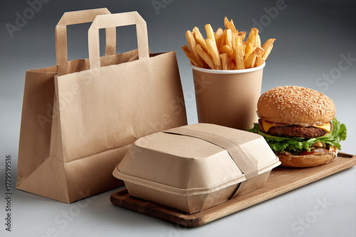 Takeaway paper bag with two burger boxes and fries cup on white background