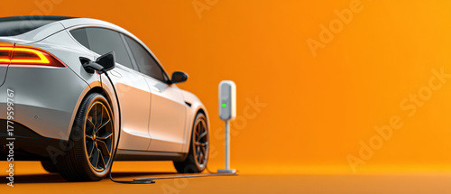 Fototapeta Naklejka Na Ścianę i Meble -  Electric vehicle charging at station with soft orange gradient background and copy space
