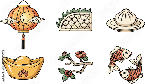 Chinese New Year Icons: Lantern, Dragon, Dumpling, Gold, Camellias, Koi