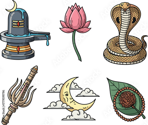 Hindu Religious Symbols: Shiva Lingam, Lotus, Cobra, Trident, Moon, Rudraksha