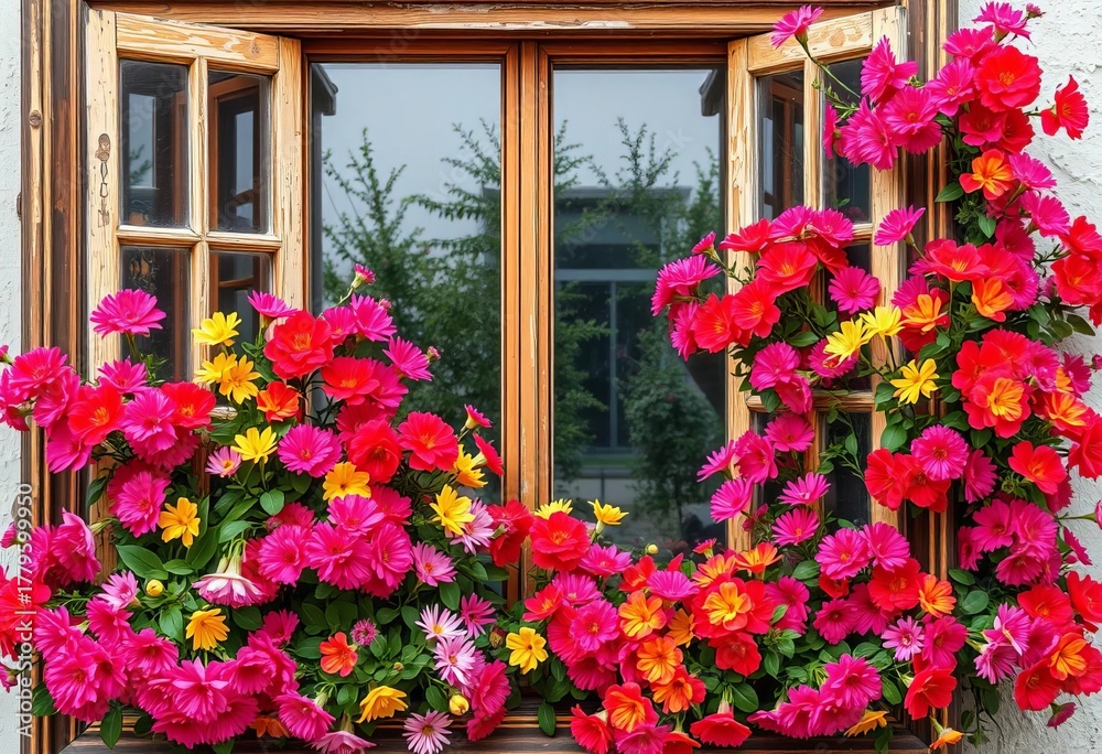Fototapeta premium Antique window frame overflowing with vibrant blooming flowers, blooms, architecture