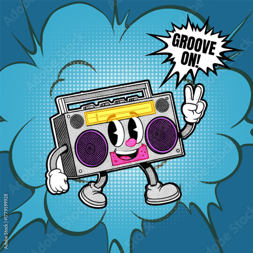 Retro cartoon boombox character with halftone comic style background showing peace sign and saying groove on, vector illustration