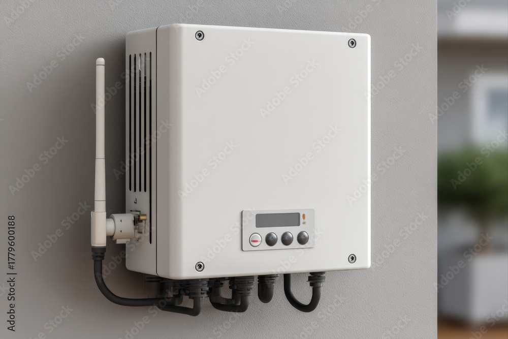 Fototapeta premium Wall-mounted energy gateway box with ethernet port and antenna on gray wall