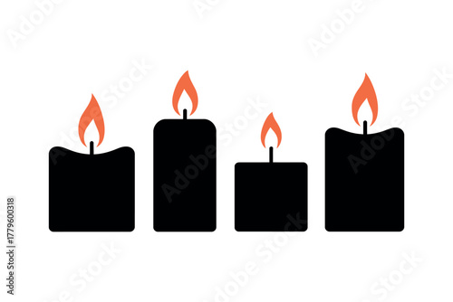 Four black candles with orange flames on a white background.