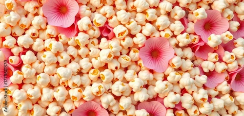 Delicate popcorn kernels scattered amongst seamless floral pattern, pastel hues,  botanical,  floral background