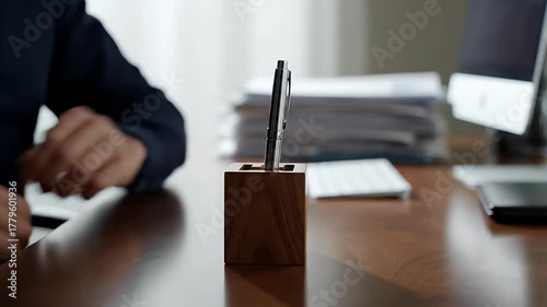 Close-up of Hands Holding Pen at Desk with Documents and Computer.