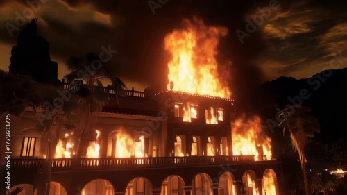 Large building engulfed in bright flames at night, massive fire with smoke lighting up sky and spreading through windows and roof.