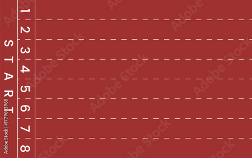 Red running track starting lanes illustration with numbered lanes and dashed guide lines, perfect for sports backgrounds, race concepts and athletic designs