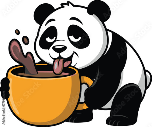 Sleepy Cartoon Panda Character Drinking Coffee - Caffeine Addiction and Morning Tiredness Vector
