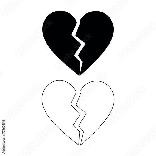 Two stylized heart shapes one solid black and one outlined both clearly broken in half
