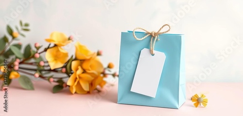 Light blue gift bag with blank tag on pastel background , anniversary, promotion