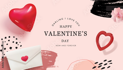 Happy Valentine's Day design with heart shape balloons, love letter and abstract background.

