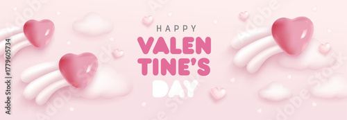 Vector illustration of Valentine's day sweet and lovely design elements. Swan, hot air balloon, heart shape balloons and clouds.

