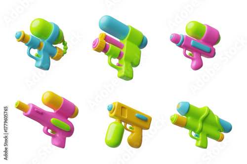 Water gun with refill water reservoir 3D cartoon plastic style vector set, colorful blaster kids game weapon blaster toy