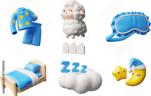 Sweet dreams 3D cartoon plastic style vector icons set, sleep time collection, bed, pajamas, eye sleep mask, lamb, moon