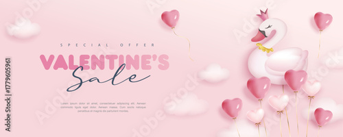 Vector illustration of Valentine's day sweet and lovely design elements. Swan, hot air balloon, heart shape balloons and clouds.

