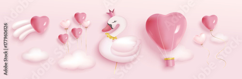 Vector illustration of Valentine's day sweet and lovely design elements. Swan, hot air balloon, heart shape balloons and clouds.

