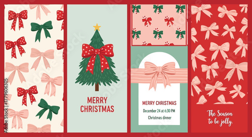 Charming Hand Drawn Christmas Card Set with Bows and Tree Design