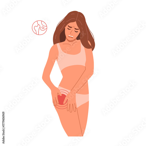 Vector woman holding her leg with hip joint pain. Sick girl having disease with symptoms of arthritis, osteoarthritis, tendinitis or bursitis in pelvic area. Flat illustration of inflammation in the